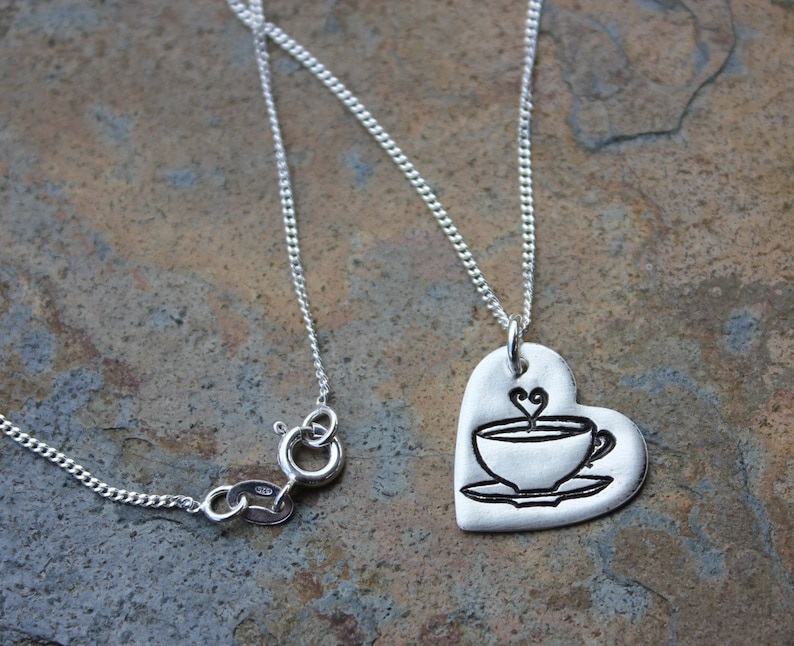 I love coffee I love tea handmade fine silver heart charm with a steaming teacup on sterling curb chain Canada free shipping USA