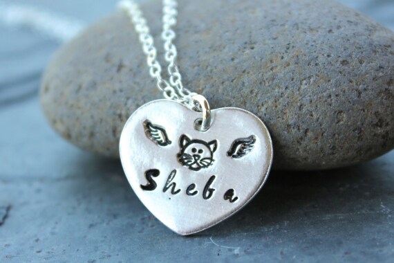 Sterling Silver Heart With Cat Face Engraved Name Necklace Sterling Silver Heart With Cat Face Engraved Name Necklace