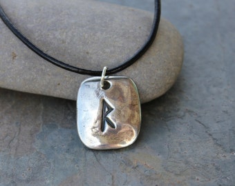 Rectangular rune leather necklace- Handmade fine silver Elder Futhark personalized runic symbols or initial - large rune - you pick letter