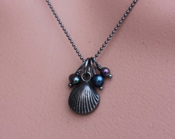 Antiqued Silver Shell + Pearl Cluster Necklace- purple, teal, black pearl, handmade fine silver seashell charm, sterling silver chain