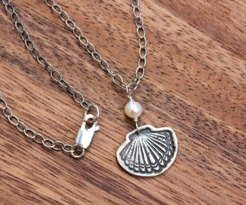 Seashell and Pearl Necklace handmade fine silver charm, textured oxidized sterling silver chain Ocean Beach free ship USA Canada image 4