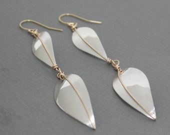 Modern Silver & Gold Long Leaves Earrings- Leaf Series No. 8- Hand forged sterling silver artisan jewelry- sleek two tone elegant earrings