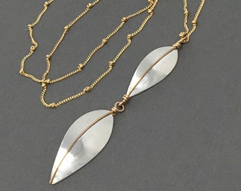 Modern Silver & Gold Long Leaf Necklace- Leaf Series No. 9 - Hand forged sterling silver artisan jewelry- two tone leaves jewelry