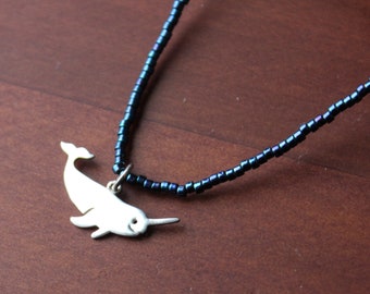 Narwhal Necklace- Sterling silver marine mammal charm, teal with purple sheen seed bead necklace- ocean beach - free shipping USA