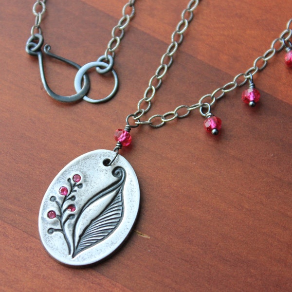 Antiqued Silver Fruiting Lily & Pink Ruby Gemstones Necklace- Handmade fine silver botanical woodland flowers pendant, sterling silver chain