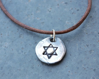 Ancient Star of David Necklace - antiqued handmade fine silver charm on leather cord -  Jewish symbol, Judaism -free shipping USA