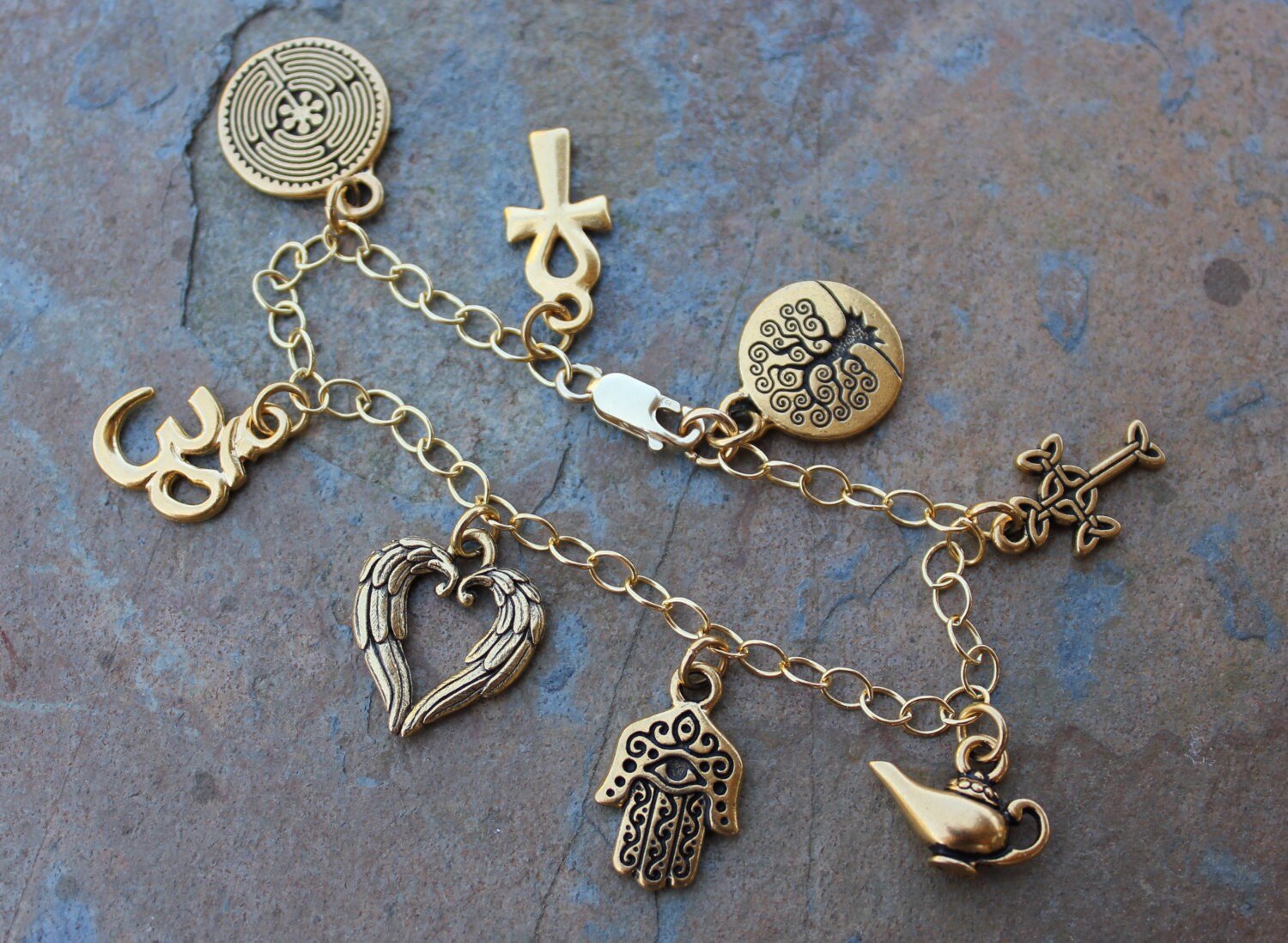 Ancient Religions Gold Charm Bracelet om hamsa tree of Etsy