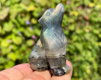 Labradorite Crystal Wolf Skull: Hand Carved Quartz Healing Stone