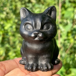 Cráneo de gato de cuarzo obsidiana natural de 2,7&quot;, cabeza de gato de cristal de cuarzo, gato tallado a mano, cráneo de cristal, regalos de cristal, curación con cristales (1 unidad)