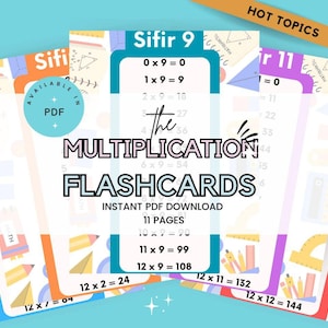Puede incluir: Un conjunto de tarjetas de memoria de multiplicación coloridas con un título que dice "The Multiplication Flashcards" y "Descarga instantánea de PDF 11 páginas". Las tarjetas de memoria presentan una variedad de formas geométricas y útiles escolares, incluidos lápices, reglas y transportadores.