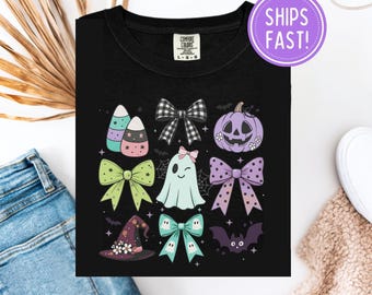 Maglietta di Halloween pastello / Maglietta con fantasma carino / Maglietta con zucca / Cappello da strega e top con pipistrello / Maglietta con grafica di caramelle di mais / Abito autunnale carino e spettrale