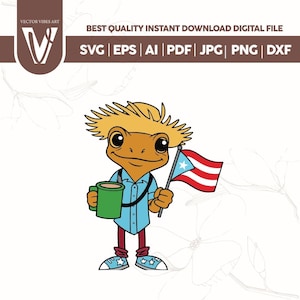 Puede incluir: Un personaje de rana de dibujos animados con sombrero de paja, camisa azul y pantalones rojos, sosteniendo una taza verde y una bandera puertorriqueña. La imagen incluye el texto "BEST QUALITY INSTANT DOWNLOAD DIGITAL FILE" y abreviaturas de tipo de archivo.