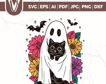 Gatto fantasma retrò di Halloween con motivi floreali PNG SVG, design spettrale (download digitale)