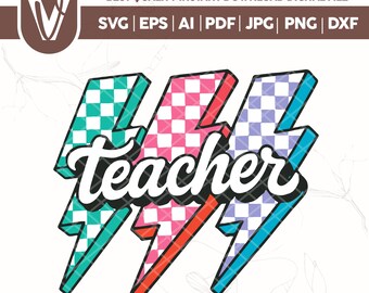 Checkered Lightning Bolt Teacher SVG PNG, Back To School (Digital Download)