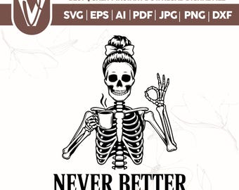 Skeleton Mom Coffee SVG, Funny Halloween Skull Woman (Digital Files)