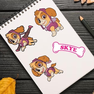 Puede incluir: Un bloc de notas blanco con tres pegatinas del personaje Skye de Paw Patrol. Las pegatinas muestran a Skye en varias poses, con un atuendo rosa y gorra de aviador. Tambi&eacute;n hay un gr&aacute;fico rosa en forma de hueso con el nombre "Skye".