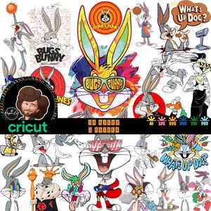 Könnte beinhalten: Eine Sammlung von Bildern der Zeichentrickfigur Bugs Bunny in verschiedenen Posen und Stilen. Die Bilder zeigen Bugs Bunny mit Sonnenbrille, beim Basketballspielen und andere Designs. Das Wort "Cricut" befindet sich unten links.