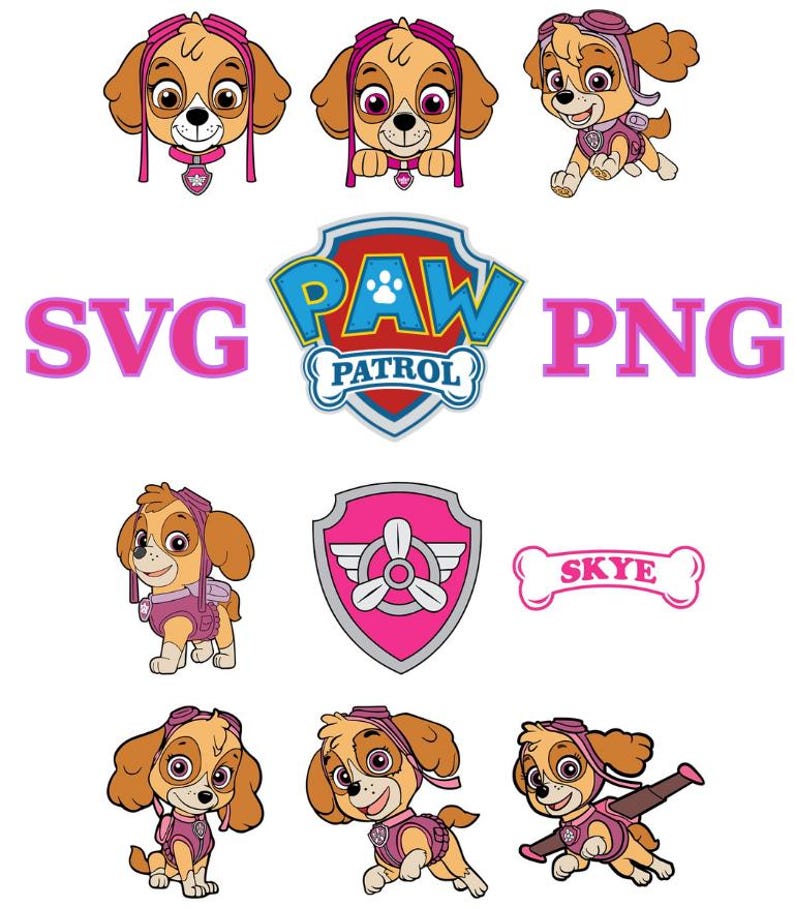 Puede incluir: Una colecci&oacute;n de im&aacute;genes de dibujos animados con Skye de Paw Patrol. Las im&aacute;genes incluyen a Skye en varias poses, el logotipo de Paw Patrol, un escudo con un dise&ntilde;o de h&eacute;lice y las palabras "SVG" y "PNG" en rosa.