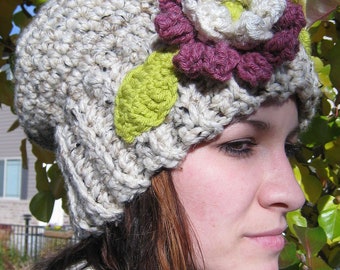 CROCHET PATTERN - hat, slouch, cap, bubble flower,  beanie, rib brim, PDF file