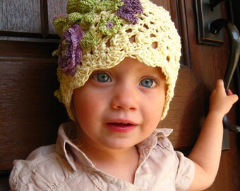 CROCHET PATTERN -  hat pattern, lacy flower hat, children, adults, photo prop, purple flowers, cap pattern, all sizes, PDF format