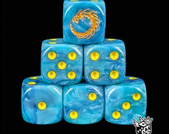 Blue Resin D6 Dice, Coiled Dragon Sigil, Grimdark Tabletop Battles