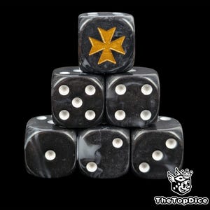 Gilded Crusader Dice Black & Gold Resin D6 for Grimdark Wargames, Holy Knights of Eternal War Sci-Fi Faithbound Orders.