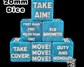 Trench Command 20mm Dice Blue Tactical Orders D6 Set for Grimdark Wargames, Custom Miniature Armies, Tabletop Strategy & Battle Scenarios.