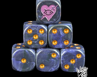 Dados D6 de resina negra y morada, sigilo de corazón espinoso, batallas de mesa oscuras y sombrías.