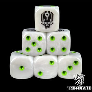 May include: A stack of six white dice with green pips. One die features a black skull design. The dice are arranged on a black background. The dice are for tabletop games.
