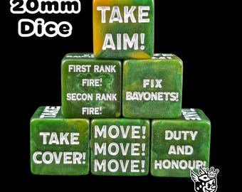 Battle Command 20mm Dice Green Tactical Orders D6 Set for Grimdark Wargames, Miniature Armies, Tabletop Strategy & Custom War Scenarios.
