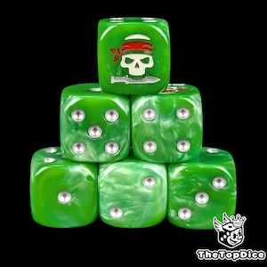 May include: A stack of six green dice with white marbling. One die features a pirate skull and crossbones design. The dice have silver pips. The dice are stacked against a black background.