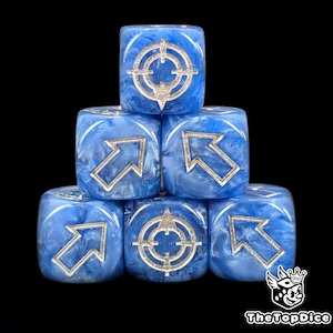 May include: Six blue dice with a marbled effect are stacked against a black background. Each die features a silver symbol, either a target reticle or an arrow pointing up and to the right. The dice are for tabletop games.