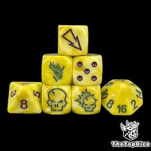 May include: A collection of yellow dice with various symbols and numbers. The dice feature a marbled pattern and dark green or maroon markings. Symbols include a lightning bolt, skull, and a stylized plant.