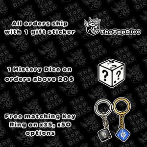 May include: Promotional image for The Top Dice featuring a repeating logo pattern. Includes a white question mark dice, and two keychains with black and blue pendants. Text highlights offers: gift sticker, mystery dice, and free matching key ring.