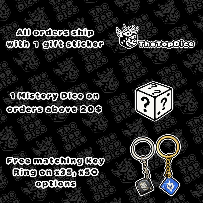 May include: Promotional image for The Top Dice featuring a repeating logo pattern. Includes a white question mark dice, and two keychains with black and blue pendants. Text highlights offers: gift sticker, mystery dice, and free matching key ring.