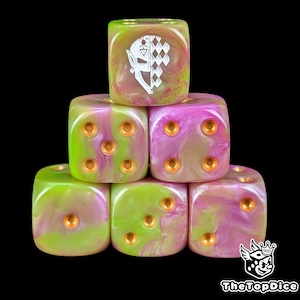 Green & Pink Resin D6 Dice, Jester's Delight Sigil, Grimdark Tabletop Battles