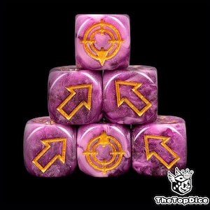 May include: Six purple and white marbled dice with gold symbols. The dice feature a mix of arrow and target designs. The dice are stacked in a pyramid shape against a black background. The dice are for tabletop games.