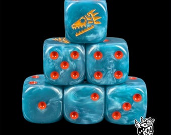 Dados D6 de resina azul, sigilo de escala azteca, batallas de mesa oscuras y sombrías