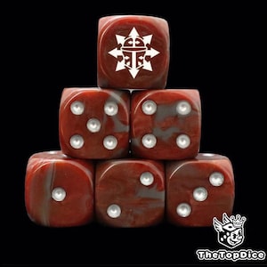 May include: A stack of six red and gray marbled dice. One die at the top features a white graphic. The dice have silver pips. The dice are arranged in a pyramid shape against a black background.
