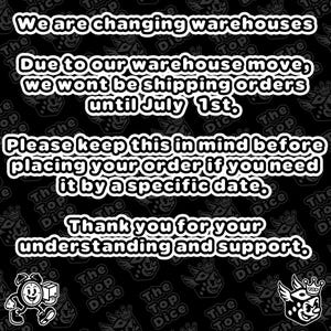 May include: Black and white graphic with text announcing a warehouse move. The text states that orders will not ship until July 1st. Includes logos and a thank you message for understanding and support.