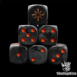 Demonbound Star Dice Black Resin D6 for Grimdark Fantasy Wargames, Corrupted Symbols, Entropic Sigils & Chaotic Warrior Armies.