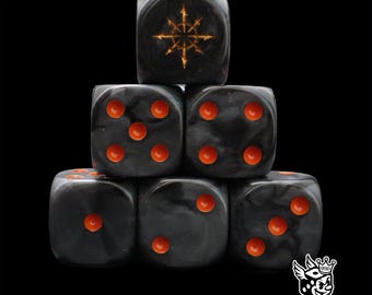 Demonbound Star Dice Black Resin D6 for Grimdark Fantasy Wargames, Corrupted Symbols, Entropic Sigils & Chaotic Warrior Armies.