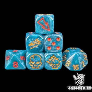 May include: A set of seven blue and white marbled dice with orange detailing. The dice display orange symbols and numbers, such as a lightning bolt, skull, and dragon. These dice are designed for tabletop gaming.