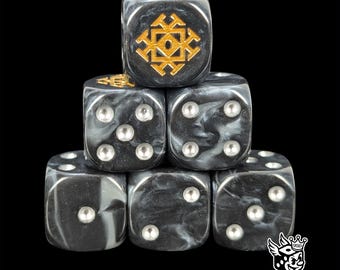 Black Resin D6 Dice, Royal Rune Sigil, Epic Fantasy Tabletop Battles