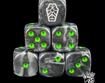 Coffinborn Dice Black & Silver Resin D6 for Grimdark Wargames, Undying Armies Sci-Fi Mechanical Legions.