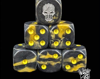 Ironclad Legion Dice Black & Gold Resin D6 for Grimdark Wargames, Ruthless Siege Masters Merciless Tech Armored Warhosts.