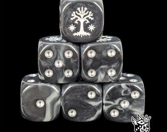 Black Resin D6 Dice, Regal Tree Sigil, Epic Fantasy Tabletop Battles