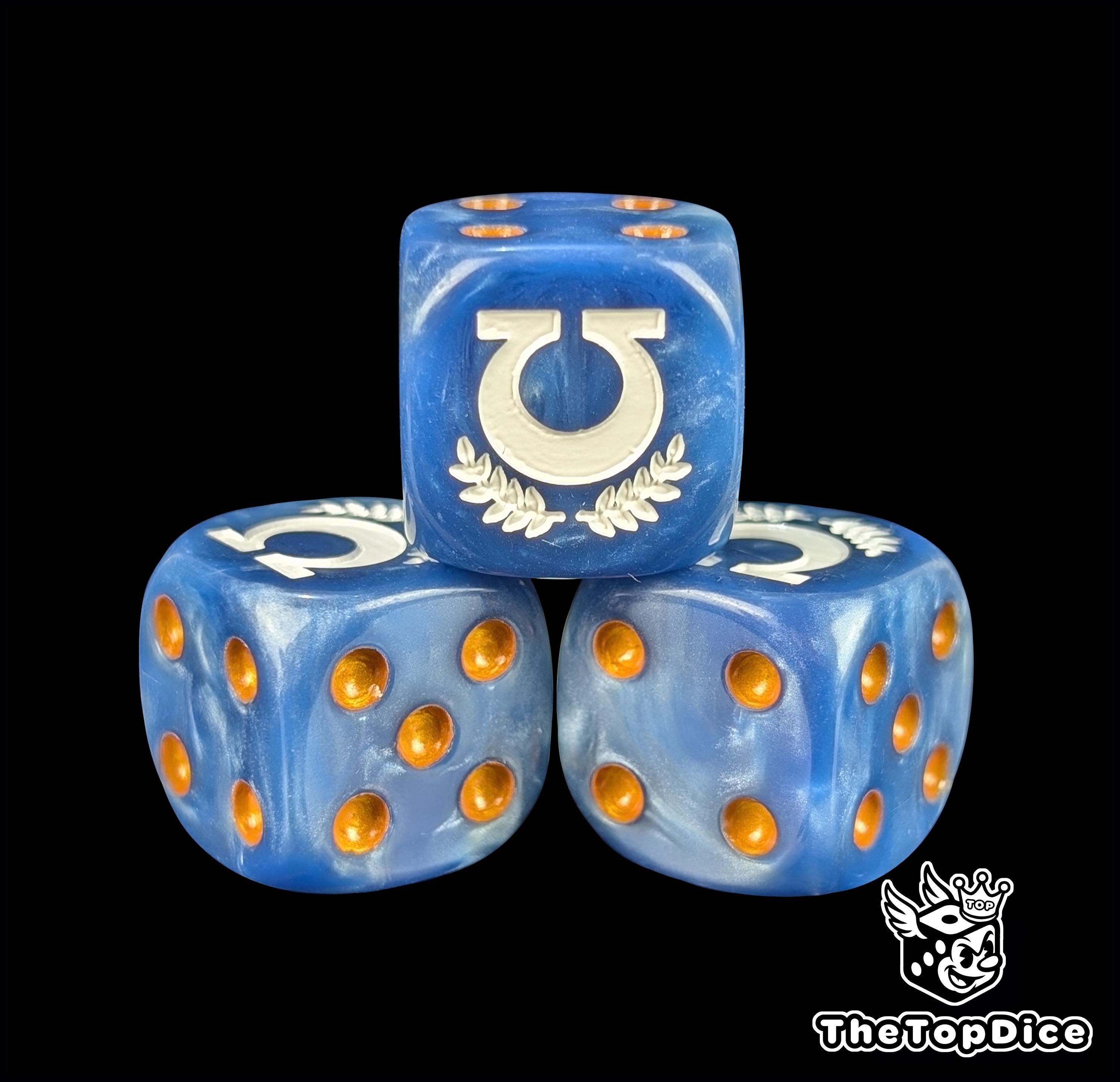 diceページ Blue Resin D6 Dice, Laurel Crest Sigil, Grimdark Tabletop Battles