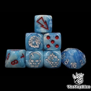 May include: A collection of blue and white marbled dice with red and silver accents. The dice feature various symbols, including a lightning bolt, skull, and numbers. The set includes a 20-sided die.