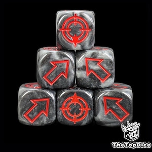 May include: Six dice stacked in a pyramid formation. The dice are black and white marbled with red symbols. Some dice have a target symbol, while others have an arrow pointing up and to the right. The dice are for tabletop games.